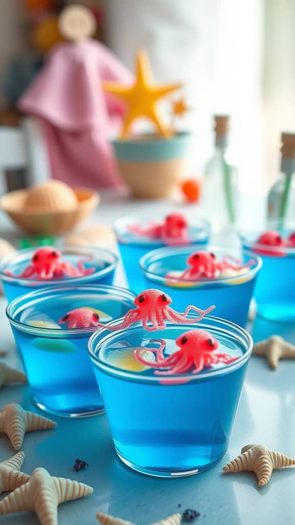 Blue jello cups with gummy jellyfish decorations.