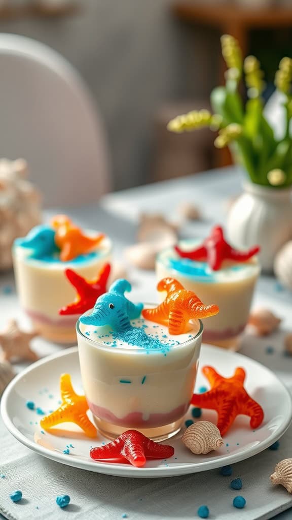 Colorful jellyfish pudding cups decorated with gummy sea creatures and sprinkles