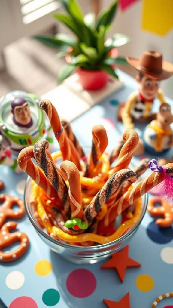 Colorful pretzel rods resembling Jessie's lasso from Toy Story, decorated with candy melts and sprinkles.