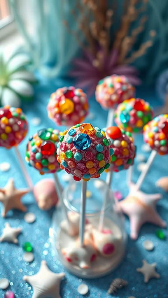 Colorful jewel-encrusted cake pops decorated with candy gems