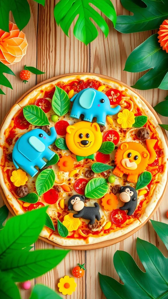 A jungle-themed pizza decorated with animal-shaped toppings and colorful vegetables.