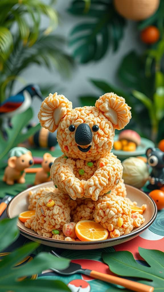 Koala-shaped Rice Krispie Treats decorated with chocolate chips and candy.