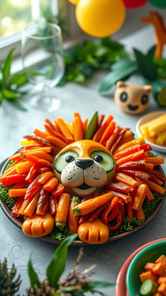 A colorful lion-shaped veggie tray made with peppers and cucumbers, perfect for a jungle safari birthday party.