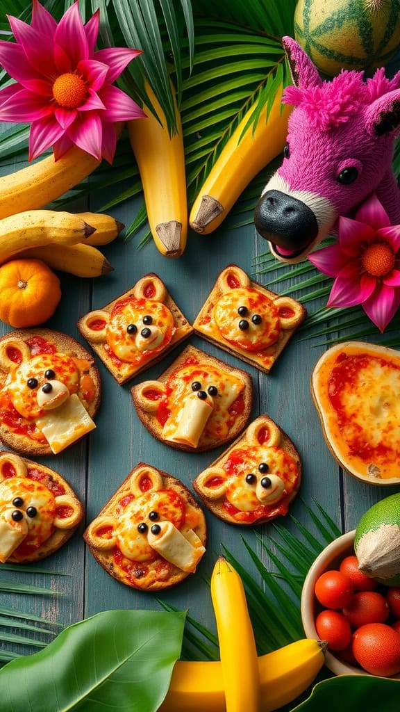 Mini animal-shaped pizzas with cheese and toppings for a jungle safari theme.