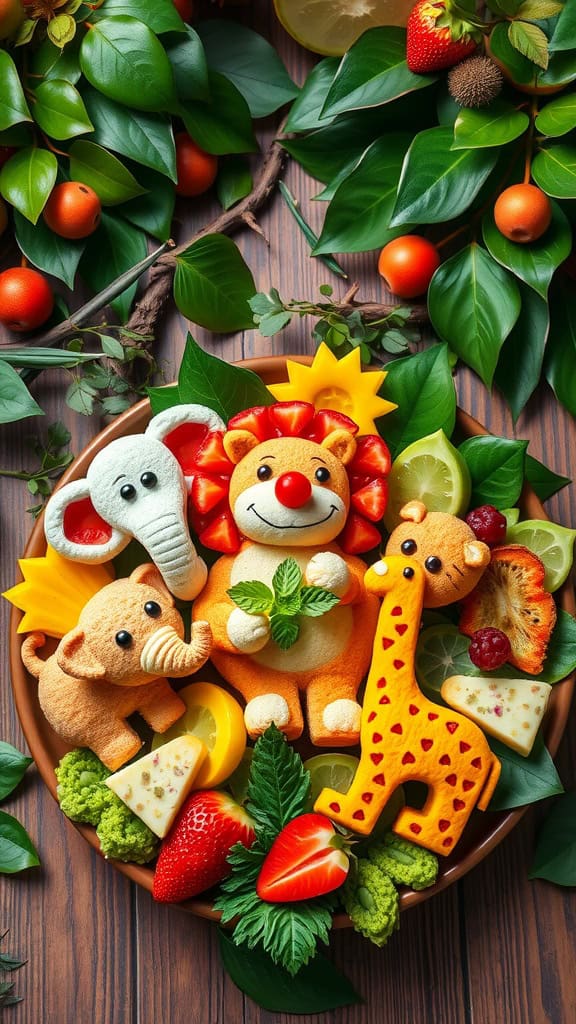 Colorful animal-shaped sandwiches arranged on a platter with fruits and veggies