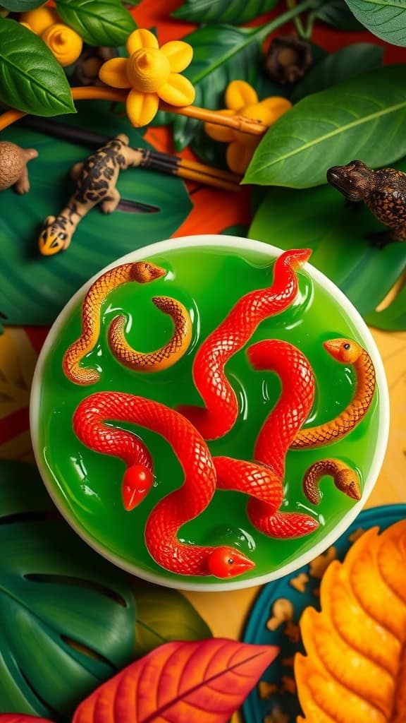 Colorful green jello cups with gummy snakes on top, perfect for a jungle-themed party.