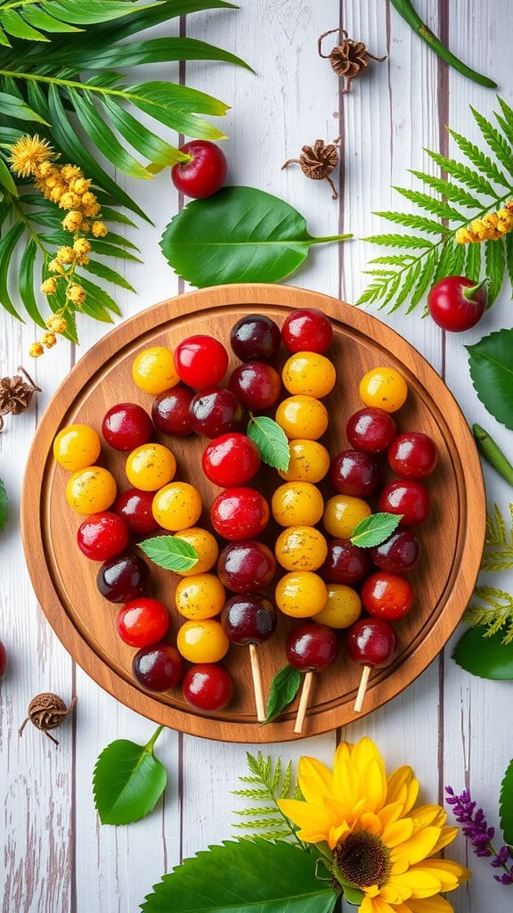 Colorful grape skewers arranged on a wooden plate, surrounded by green foliage.