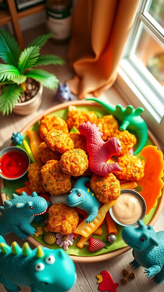 Dinosaur-shaped chicken nuggets served with colorful dipping sauces.