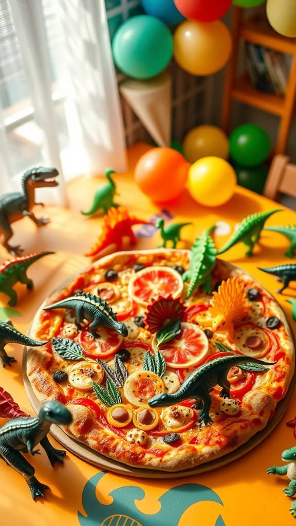 A delicious dinosaur-themed pizza with colorful toppings