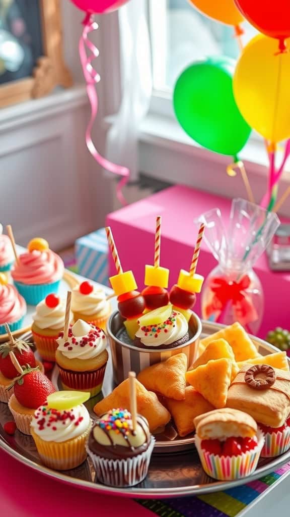 A colorful display of kid-friendly birthday party treats including mini cupcakes, fruit and cheese skewers, and various sweet snacks.