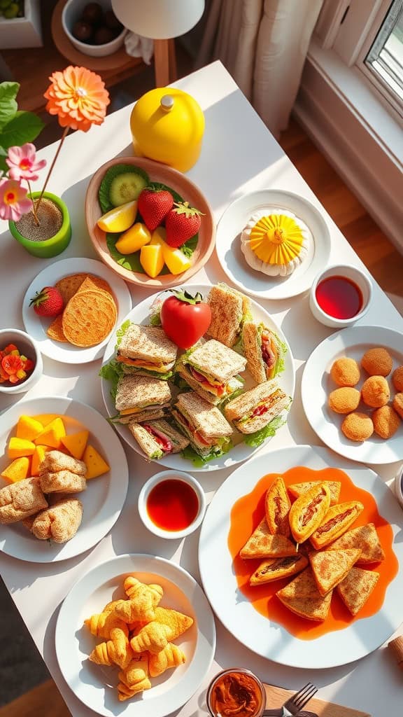 A variety of fun-shaped sandwiches, fruits, and snacks on a brunch table, designed for kids.