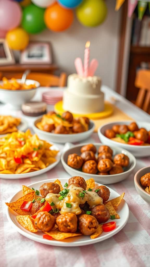 Cheesy meatballs served on tortilla chips with colorful birthday decorations