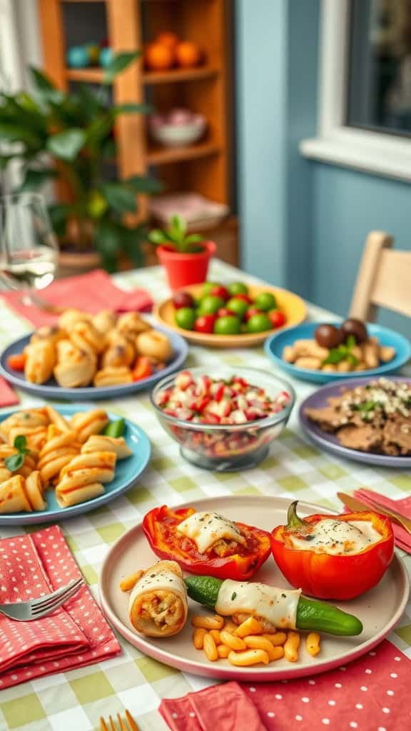 Colorful stuffed peppers filled with pasta and cheese, served with a side of small pasta.