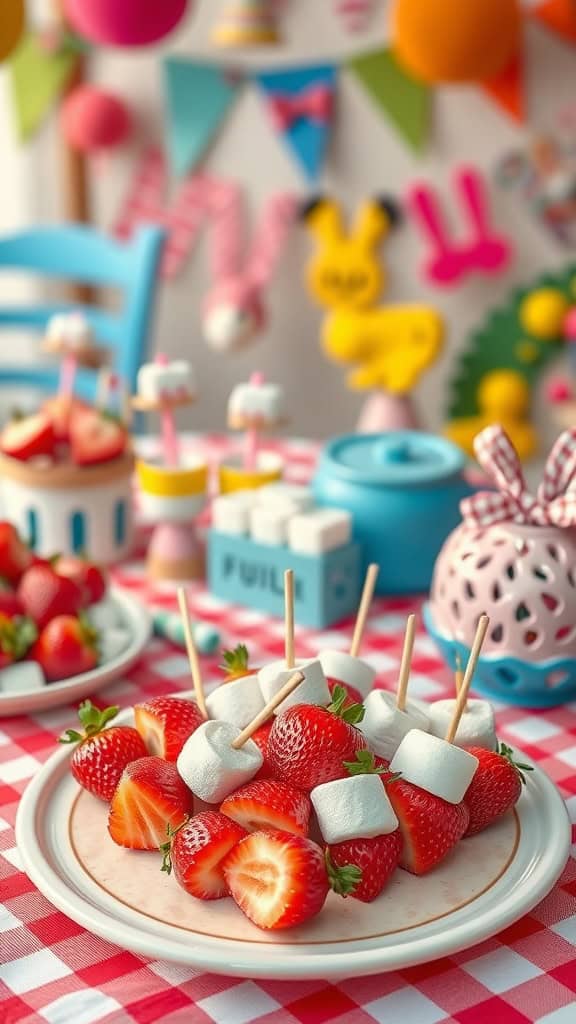 A plate of strawberry marshmallow skewers ready for a party.