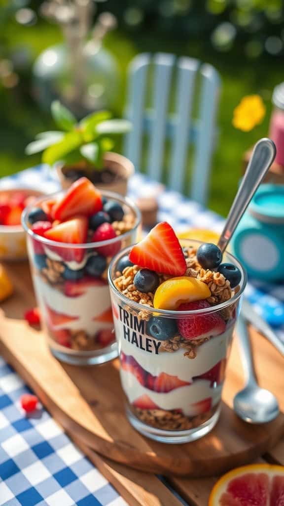 Colorful fruit and yogurt parfait cups topped with fresh berries and granola.