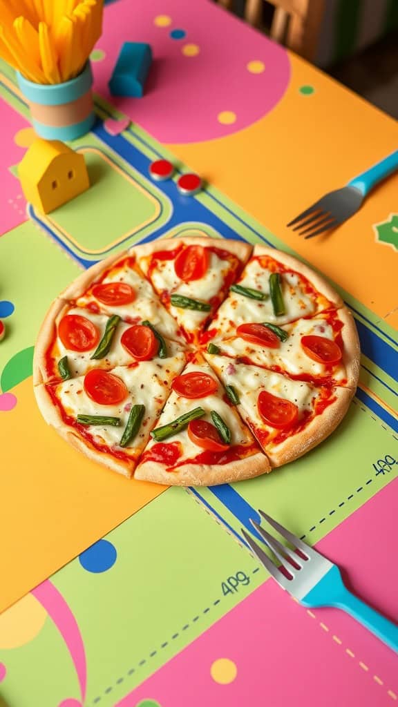 A colorful mini pizza platter with various toppings, perfect for kids.