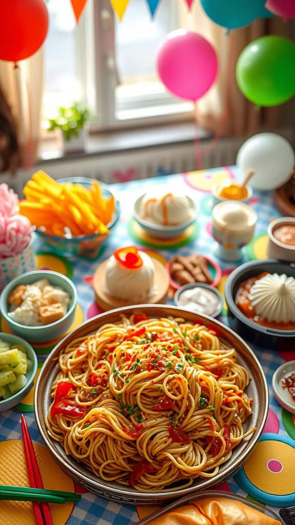 A colorful party spread with Filipino food, including spaghetti and snacks.