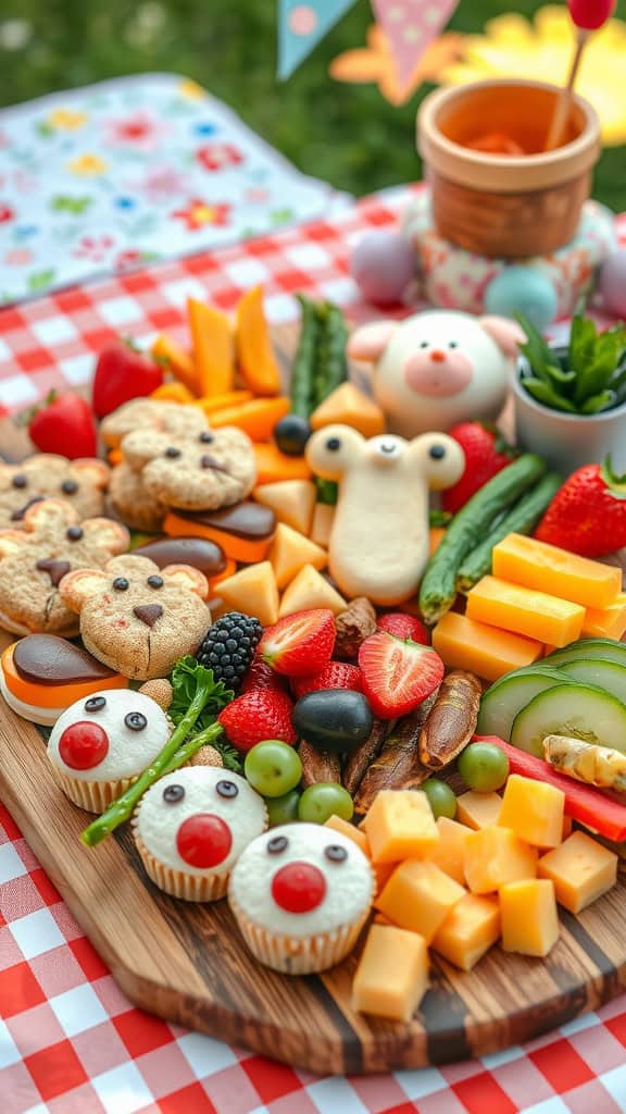 Colorful kids' food board with fruits, vegetables, cheese, cookies, and cupcakes arranged playfully.