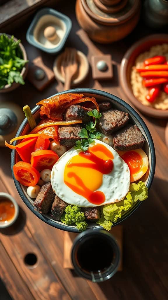 Bowl of bibimbap with rice, vegetables, meat, and an egg