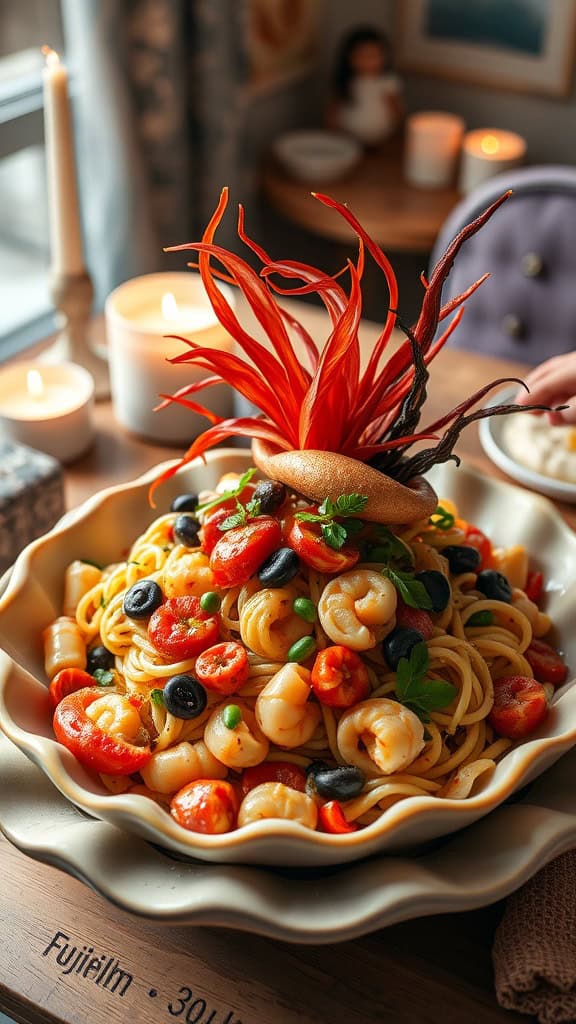 A colorful kraken pasta salad featuring seafood, veggies, and a light dressing.