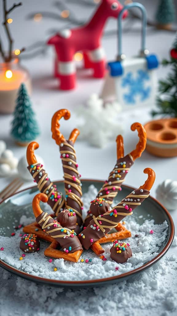 Chocolate-covered pretzel antlers decorated with colorful sprinkles on a plate