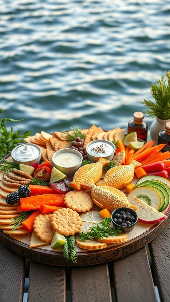 A vibrant lake-themed charcuterie board featuring fish-shaped crackers, assorted cheeses, colorful vegetables, and dips.