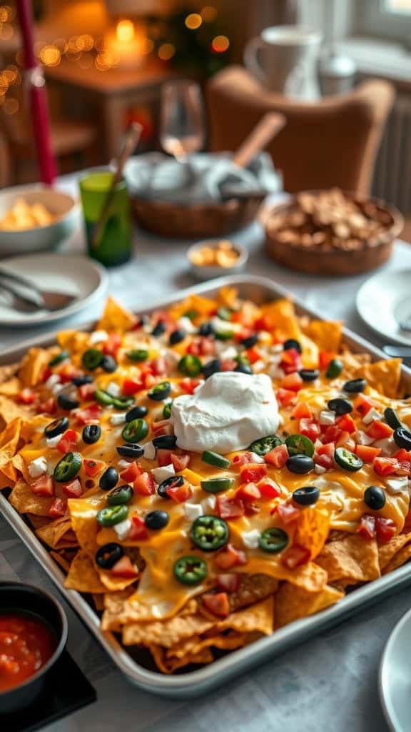 Sheet-Pan Nachos Supreme with cheese, jalapeños, olives, and sour cream