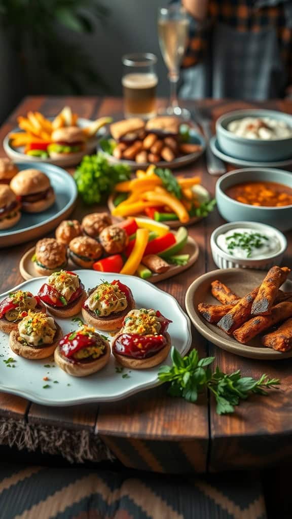 A variety of party foods including small sandwiches, veggie platters, and mini tartlets on a wooden table.