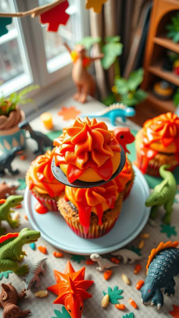 Delicious Lava Flow Cupcakes with vibrant red and orange icing drips, perfect for a dinosaur birthday party.