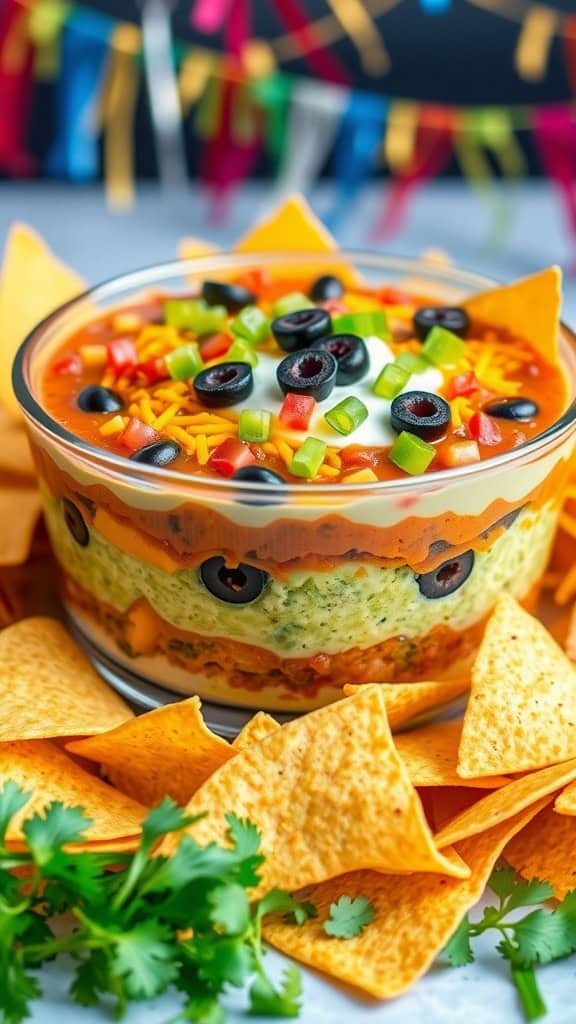 A colorful and appetizing Layered 7-Layer Dip served in a glass dish with tortilla chips.