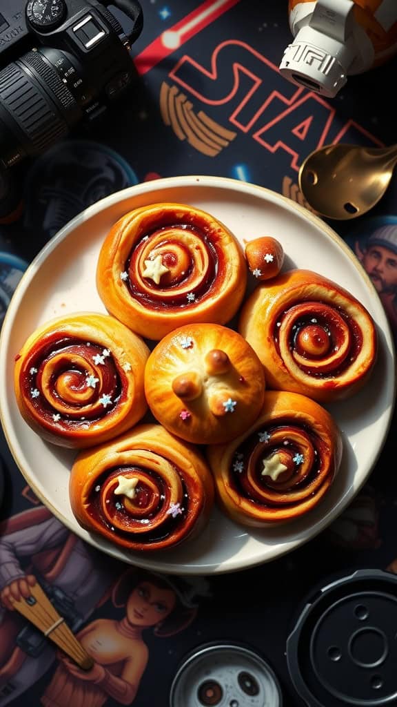 Cinnamon bun swirls decorated with festive toppings, inspired by Star Wars.