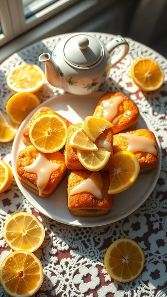 A plate of lemon drizzle tea cakes garnished with lemon slices.