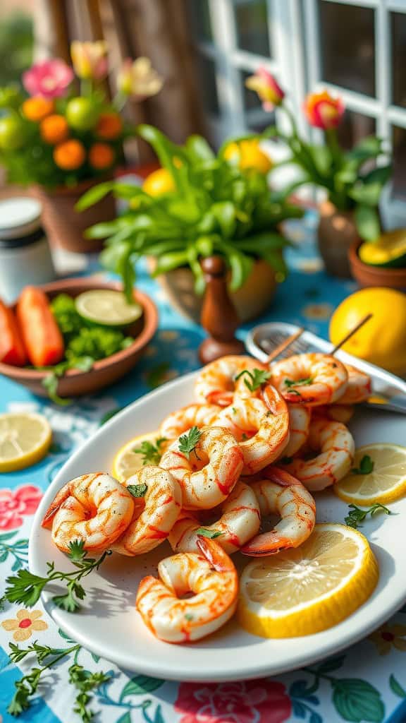 Lemon Herb Grilled Shrimp dish, garnished with lemon slices on a plate.