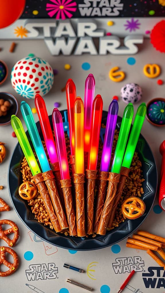 Colorful pretzel rods designed to look like lightsabers, arranged for a Star Wars themed party.