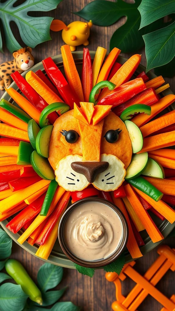 A colorful lion-shaped veggie tray featuring peppers, carrots, cucumbers, and a delicious dip.