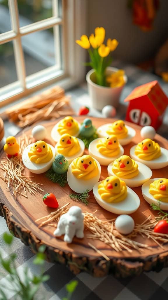 Cute little chick deviled eggs perfect for a farm birthday party.