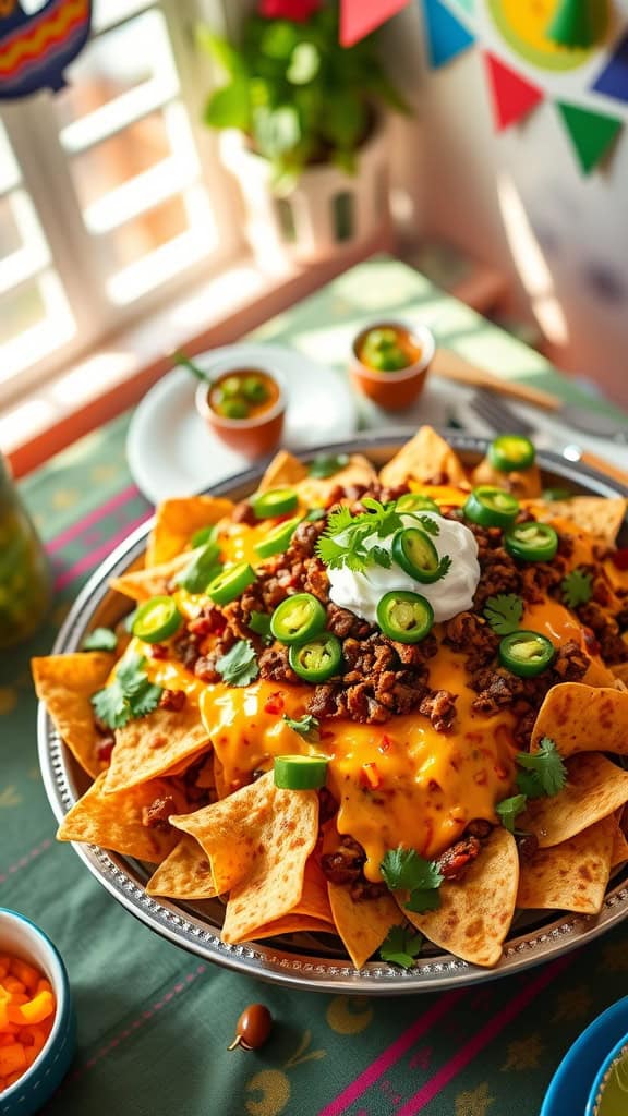 A delicious plate of loaded beef and cheese nachos topped with jalapeños and sour cream.