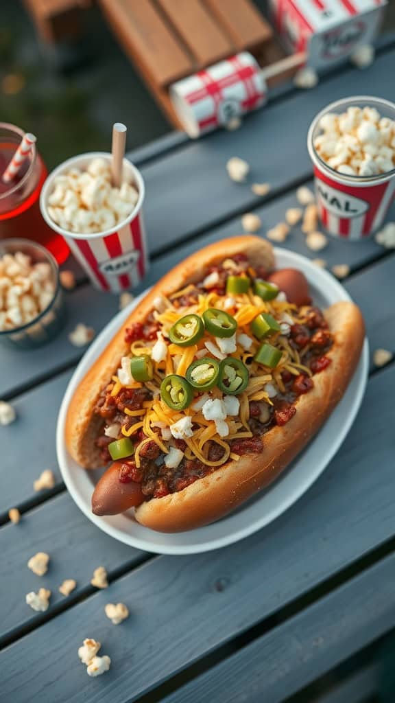 Delicious loaded chili dogs with toppings, perfect for a baseball party.