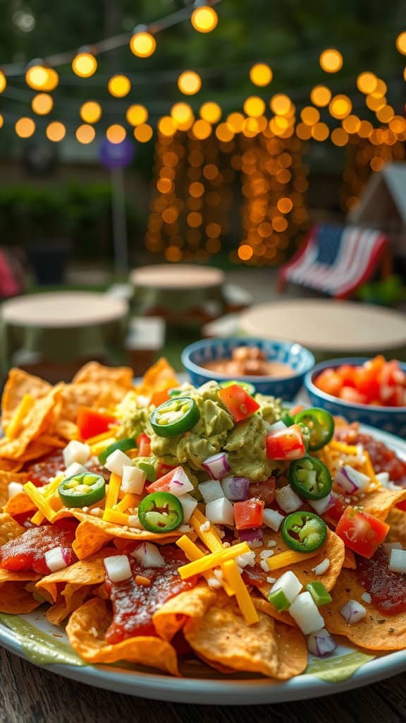 A vibrant loaded nacho plate topped with cheese, guacamole, tomatoes, and jalapeños.