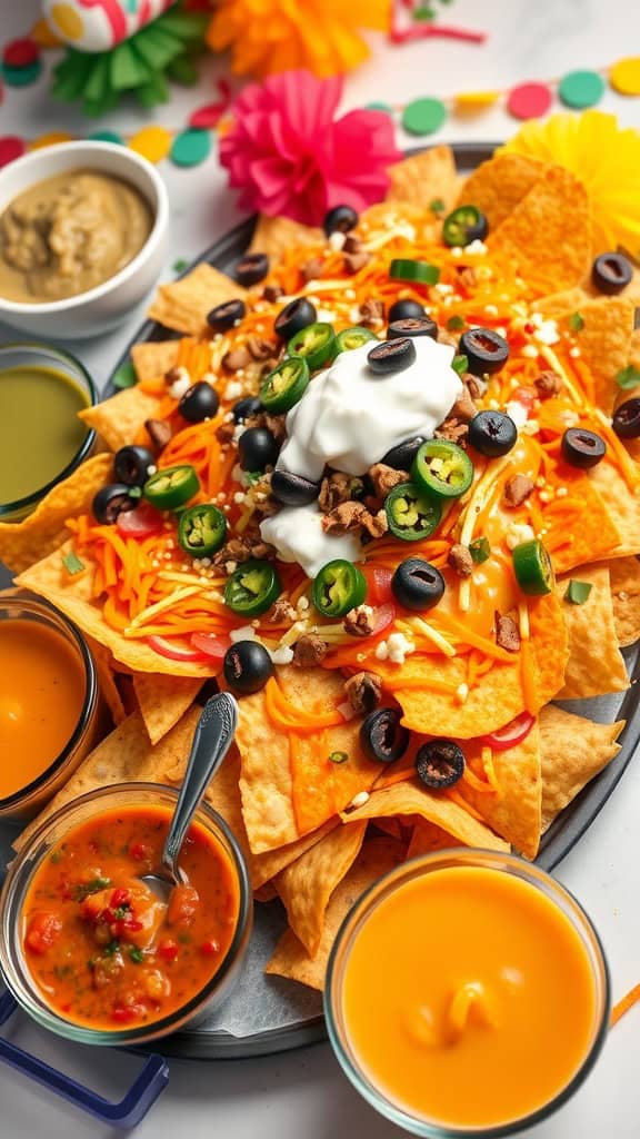 A colorful platter of loaded nachos topped with cheese, tomatoes, olives, jalapeños, and served with various dipping sauces.