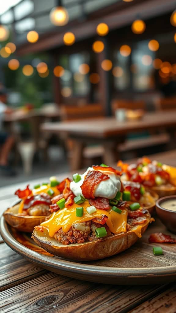 A plate of loaded potato skins topped with cheese, bacon, and green onions.