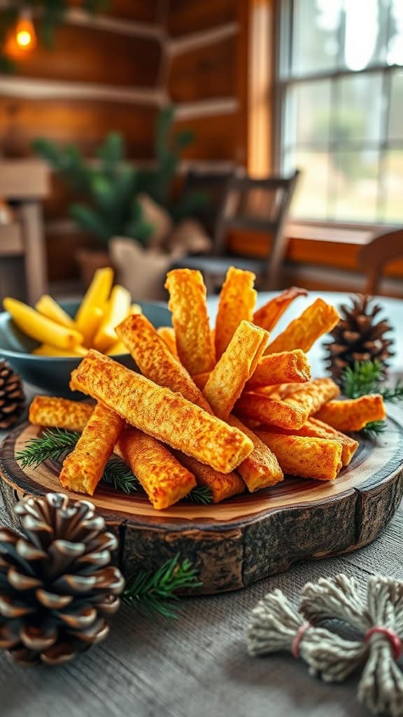 Delicious log cabin cheese sticks arranged on a wooden platter