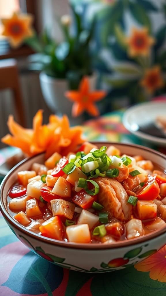 A bowl of Lomi Lomi Salmon garnished with green onions.