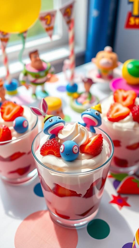 Colorful dessert cups filled with strawberries and cream, topped with playful decorations.