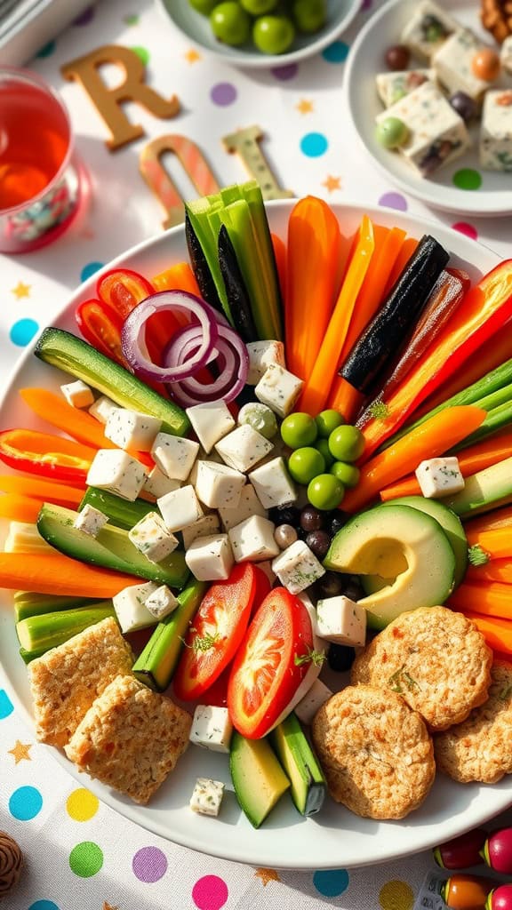 A colorful veggie platter with fresh vegetables and cheese cubes arranged on a plate.