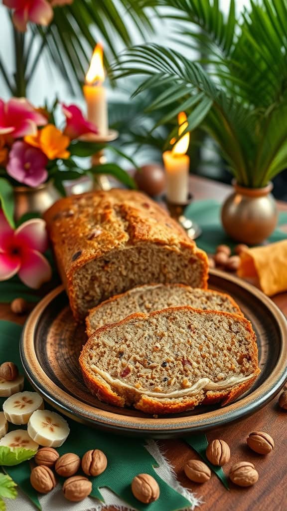 Banana Macadamia Nut Bread on a plate with tropical decorations