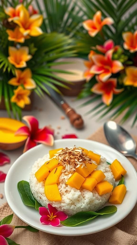 A plate of mango sticky rice topped with fresh mango slices and toasted coconut flakes, surrounded by tropical flowers.