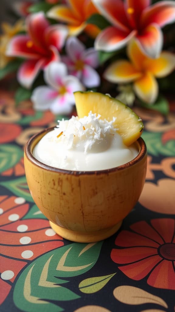 A bowl of haupia coconut pudding topped with fruit, surrounded by tropical flowers.