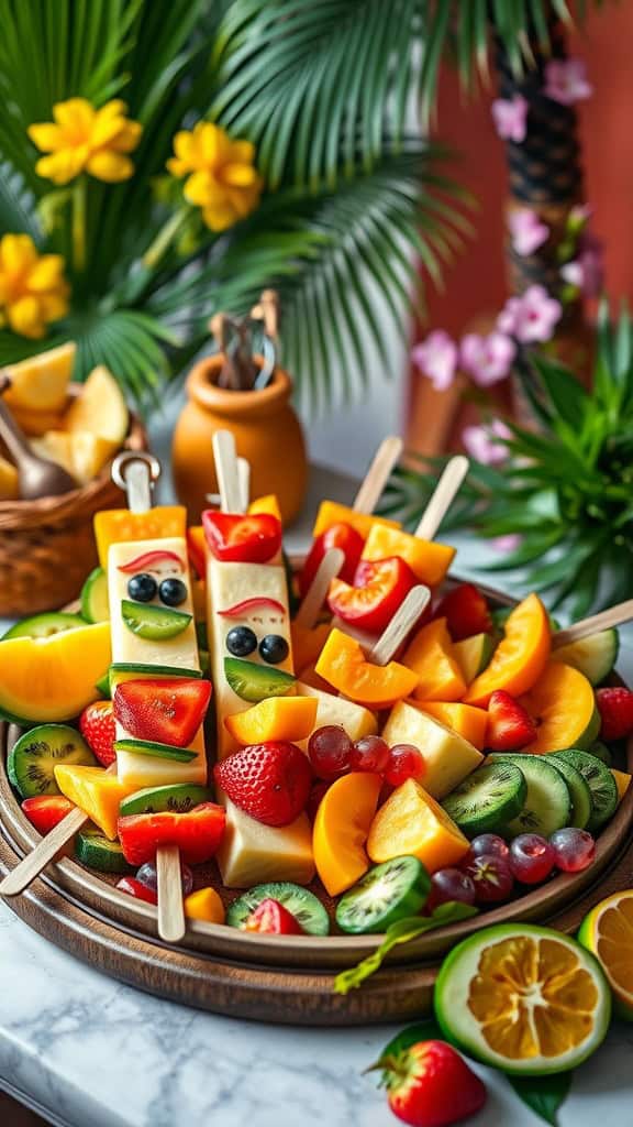 Colorful cheese and fruit kabobs arranged on a platter