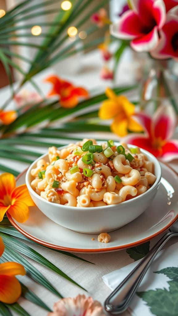 Hawaiian macaroni salad in a bowl garnished with green onions, surrounded by tropical flowers.